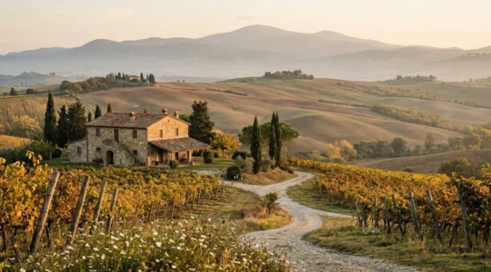 Vista panoramica delle colline toscane con agriturismo tra vigneti dorati al tramonto