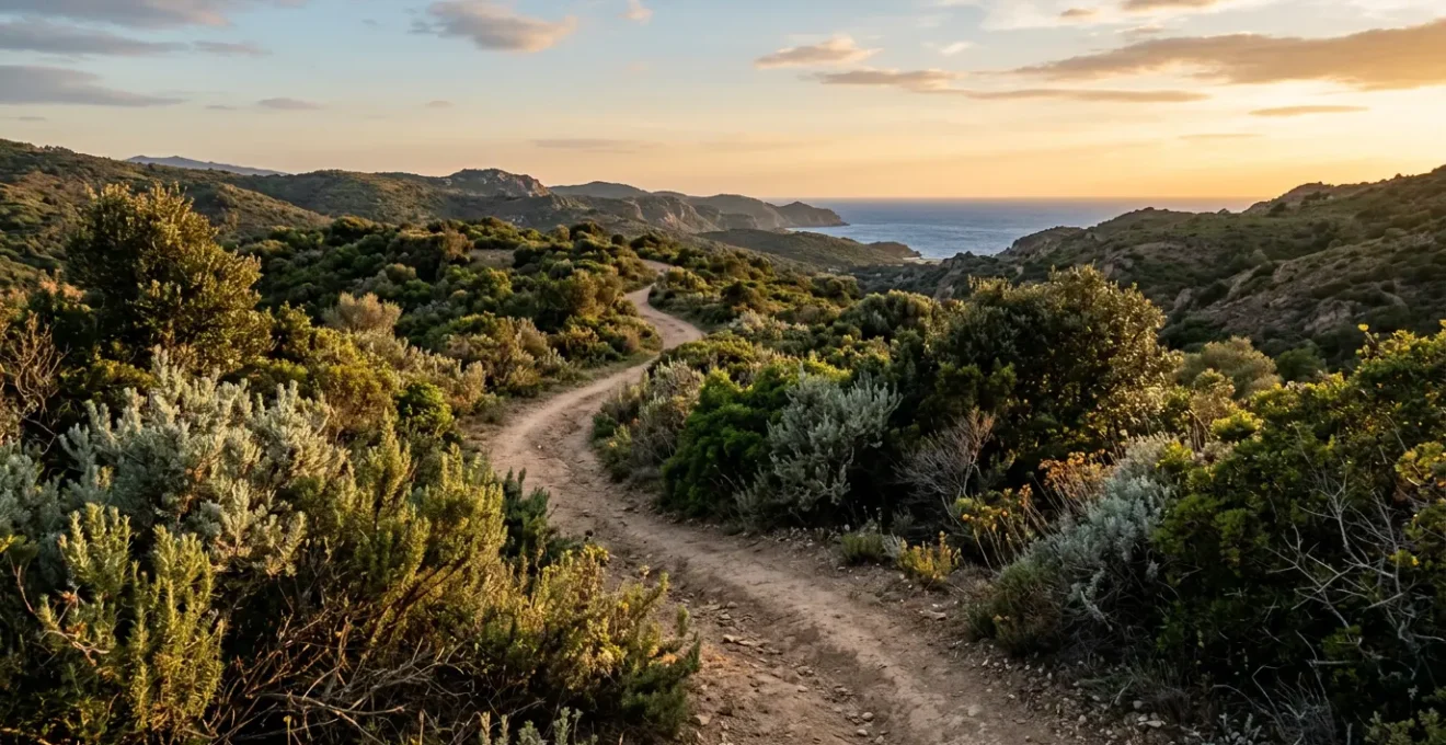Vista panoramica di un sentiero che si snoda tra arbusti di rosmarino, mirto e lentisco nella macchia mediterranea al tramonto