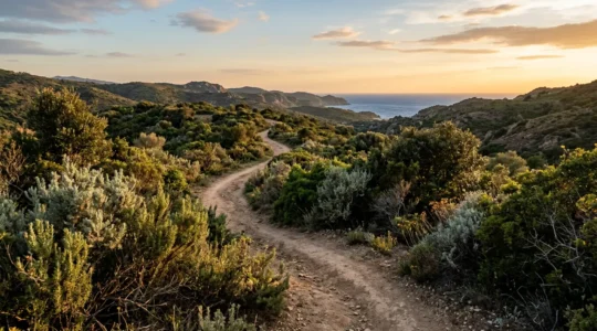 Vista panoramica di un sentiero che si snoda tra arbusti di rosmarino, mirto e lentisco nella macchia mediterranea al tramonto
