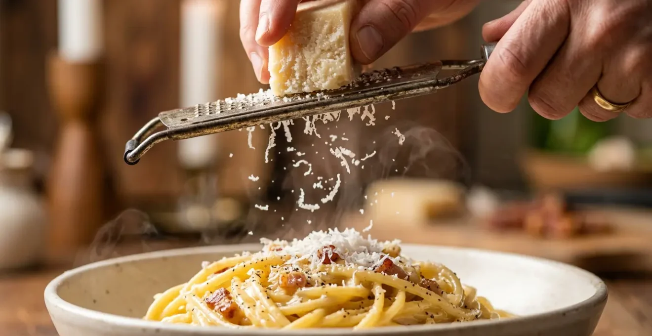 Pecorino romano grattugiato su carbonara con dettagli di texture