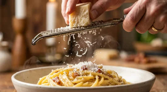 Pecorino romano grattugiato su carbonara con dettagli di texture