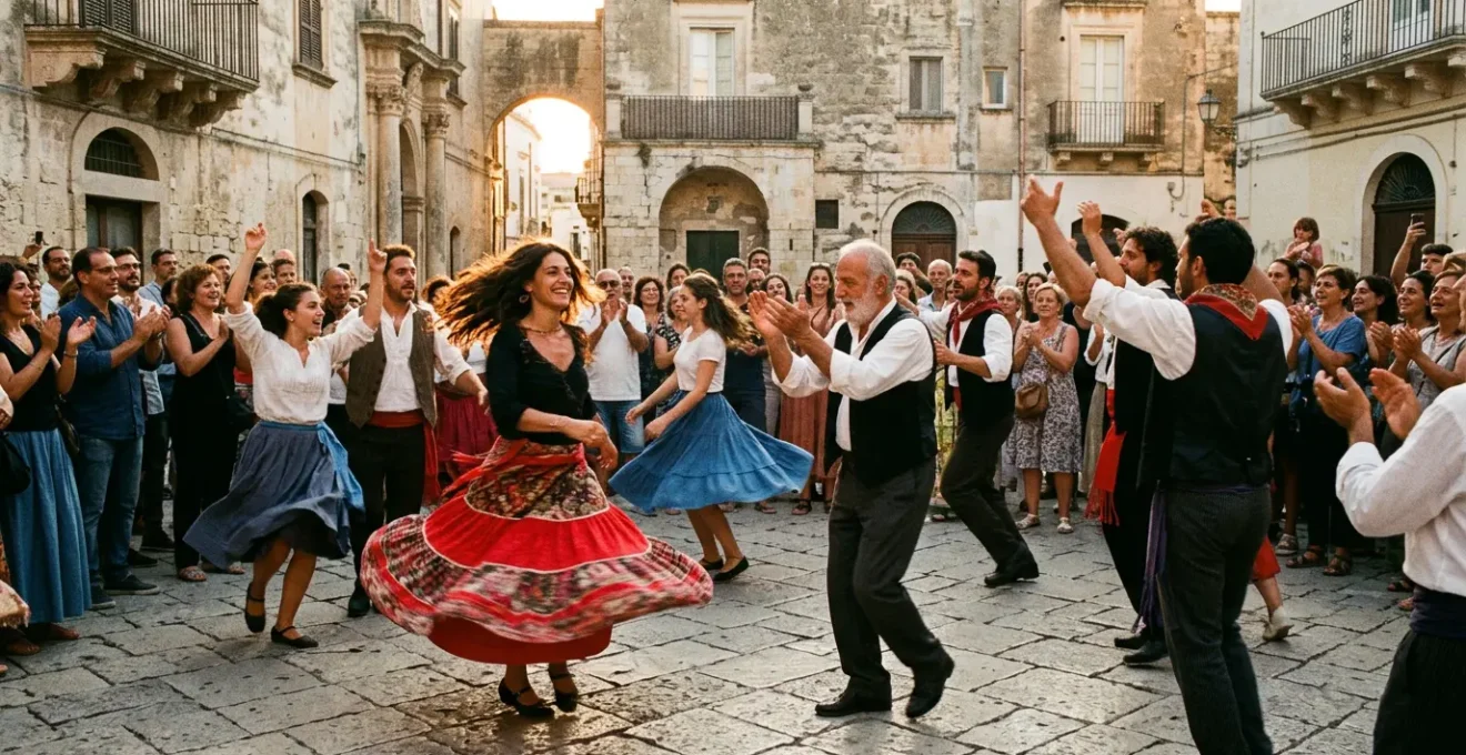 Ballerini in abiti tradizionali danzano la pizzica in cerchio durante una festa di piazza al tramonto nel Salento