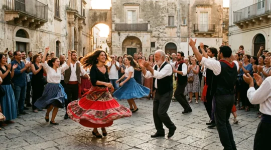Ballerini in abiti tradizionali danzano la pizzica in cerchio durante una festa di piazza al tramonto nel Salento