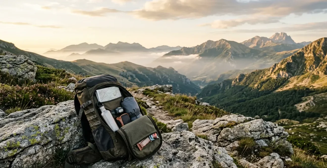 Escursionista che prepara lo zaino davanti alle montagne dell'Appennino