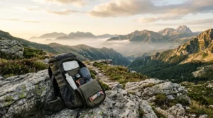 Escursionista che prepara lo zaino davanti alle montagne dell'Appennino
