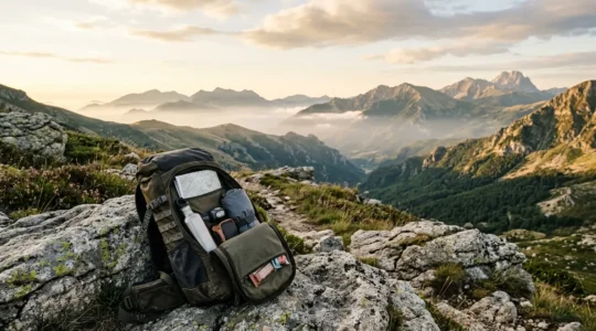 Escursionista che prepara lo zaino davanti alle montagne dell'Appennino