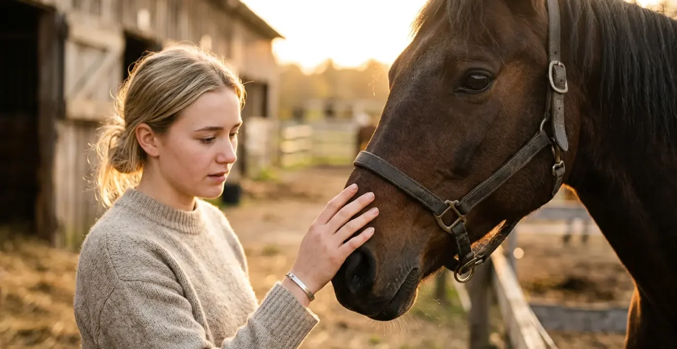 Principiante che accarezza il muso di un cavallo al tramonto in un maneggio