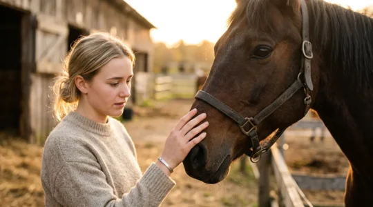 Principiante che accarezza il muso di un cavallo al tramonto in un maneggio
