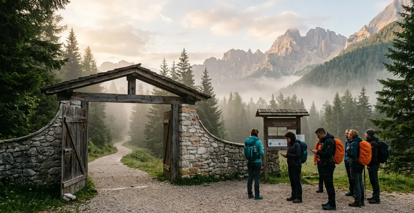 Vista panoramica di un cancello d'ingresso di una riserva naturale italiana con persone in attesa