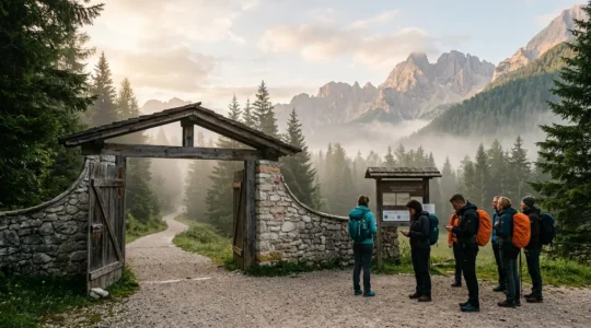 Vista panoramica di un cancello d'ingresso di una riserva naturale italiana con persone in attesa