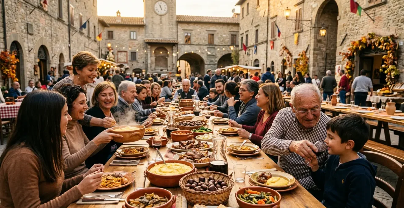Famiglia multigenerazionale condivide piatti tradizionali in piazza medievale durante sagra autunnale
