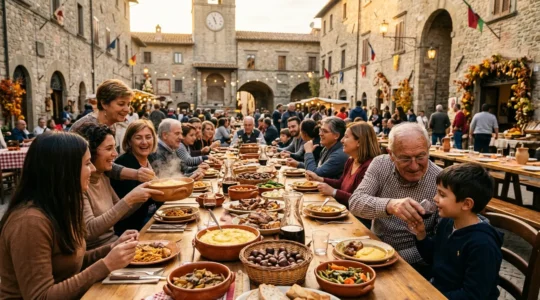 Famiglia multigenerazionale condivide piatti tradizionali in piazza medievale durante sagra autunnale