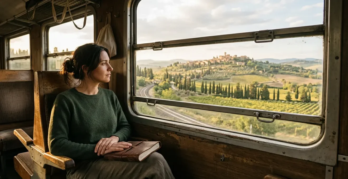 Viaggiatore seduto accanto al finestrino di un treno regionale italiano che ammira il paesaggio collinare