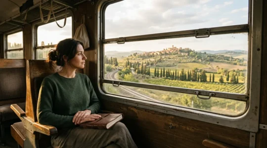 Viaggiatore seduto accanto al finestrino di un treno regionale italiano che ammira il paesaggio collinare