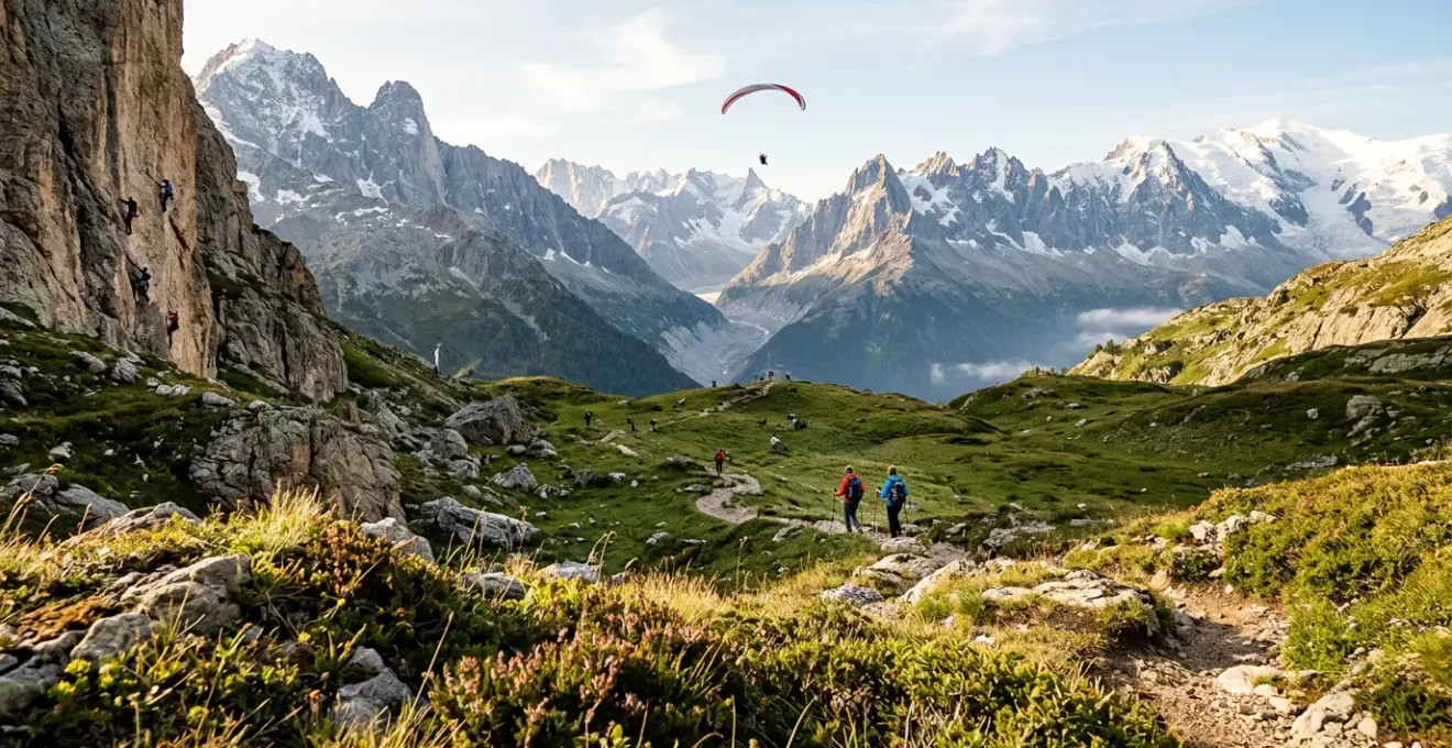 Panorama montano italiano con sportivi in diverse attività outdoor stagionali