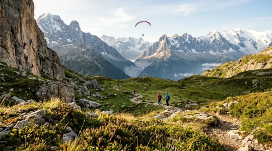 Panorama montano italiano con sportivi in diverse attività outdoor stagionali