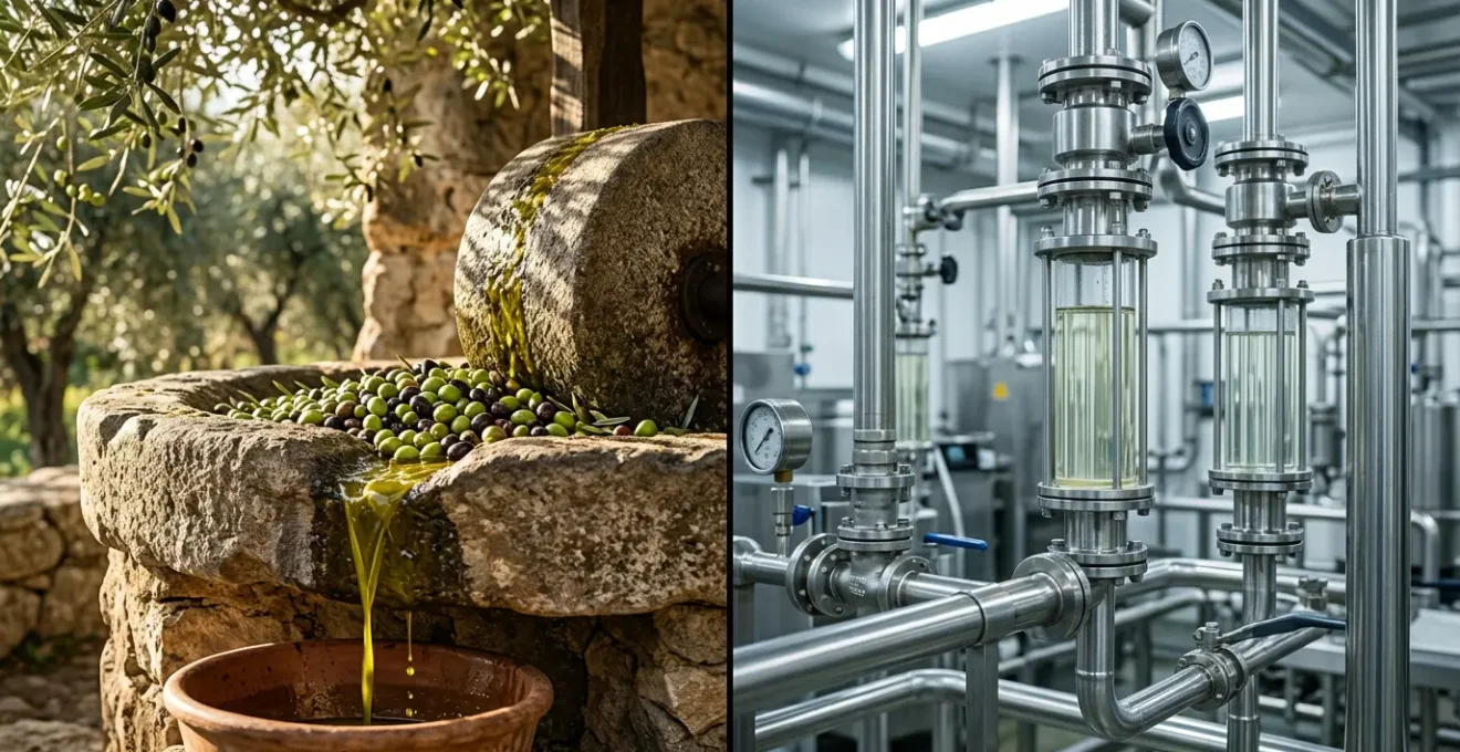 Confronto visivo tra olio extravergine spremuto a freddo e olio raffinato mostrando le differenze qualitative