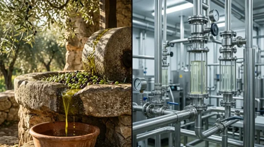 Confronto visivo tra olio extravergine spremuto a freddo e olio raffinato mostrando le differenze qualitative
