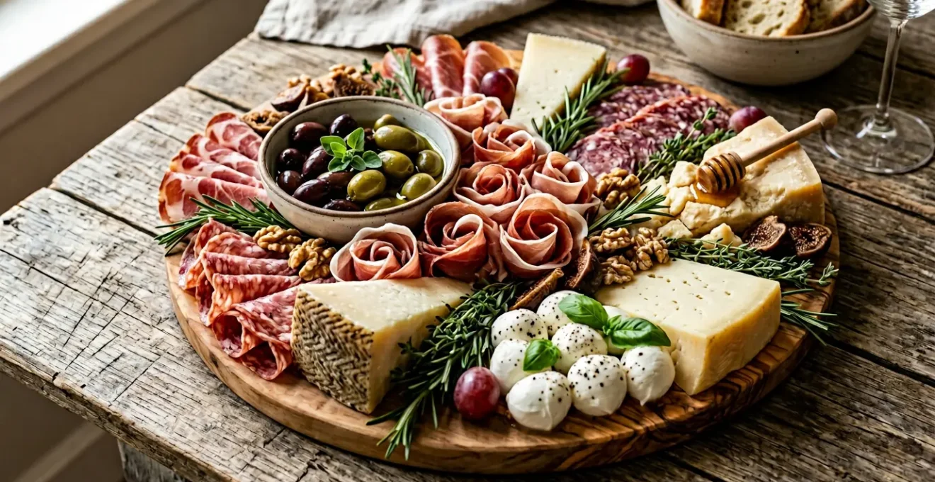 Tagliere di legno con salumi e formaggi artigianali disposti elegantemente per aperitivo