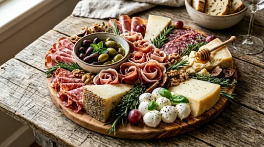 Tagliere di legno con salumi e formaggi artigianali disposti elegantemente per aperitivo