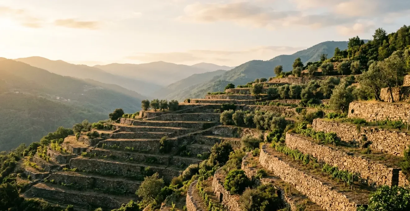 Vista panoramica di terrazzamenti agricoli italiani con muri a secco che disegnano il pendio collinare