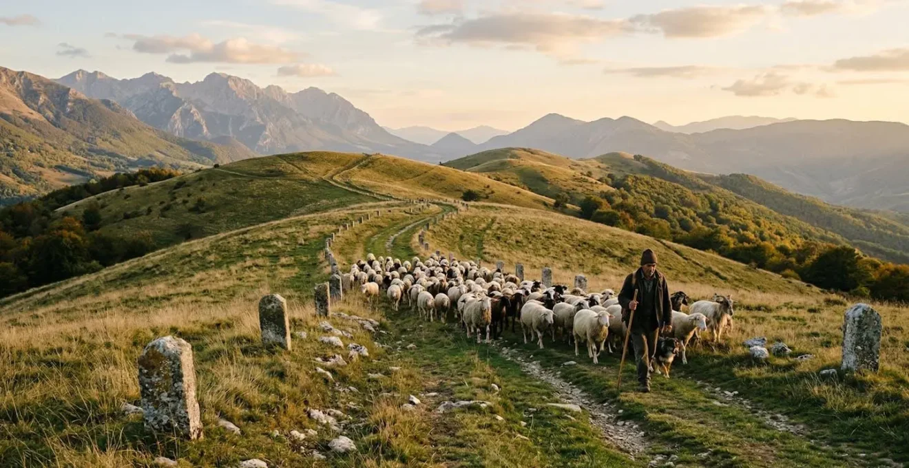 Gregge di pecore che attraversa un antico tratturo verde tra le colline italiane