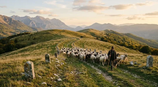 Gregge di pecore che attraversa un antico tratturo verde tra le colline italiane