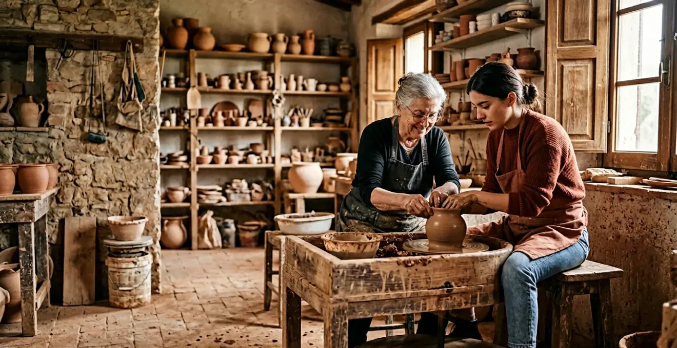 Viaggiatore che partecipa a un laboratorio artigianale locale in un borgo italiano
