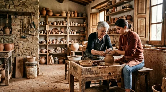 Viaggiatore che partecipa a un laboratorio artigianale locale in un borgo italiano