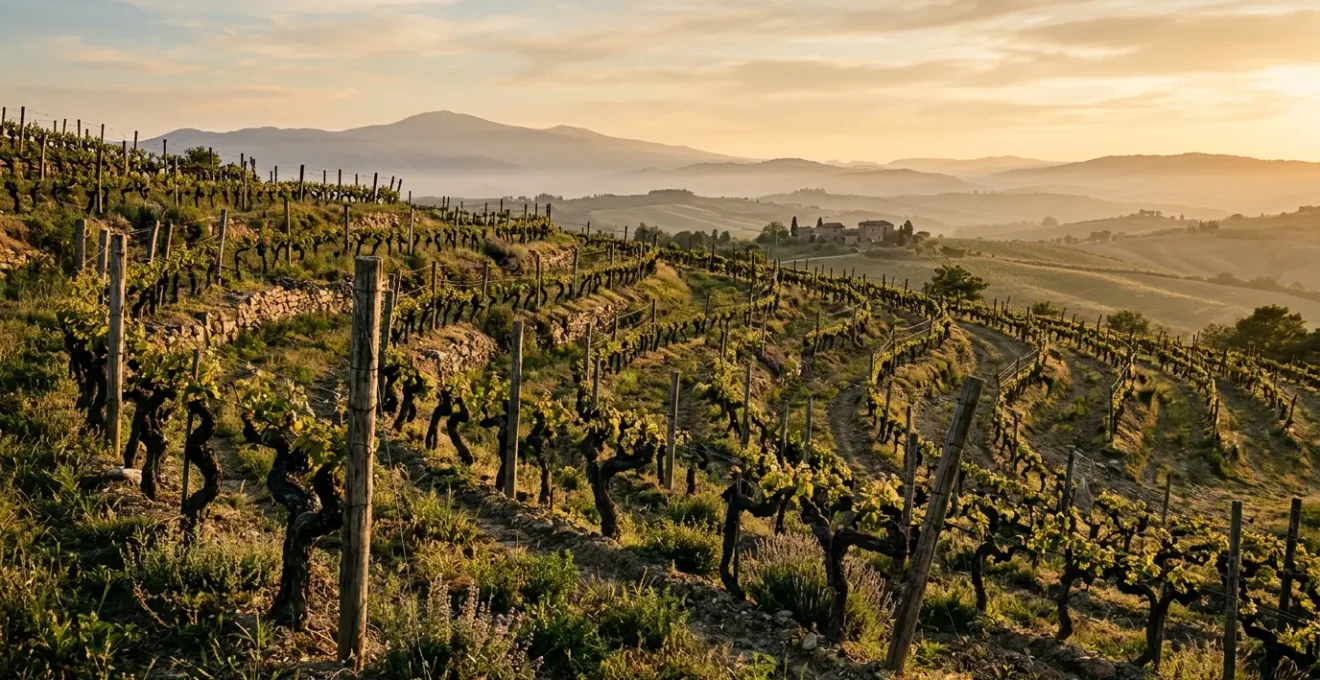 Antico vigneto con viti nodose centenarie in paesaggio collinare italiano dorato