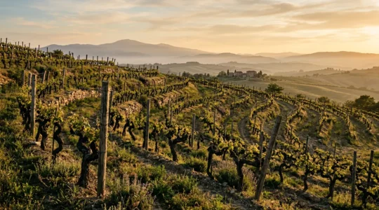 Antico vigneto con viti nodose centenarie in paesaggio collinare italiano dorato
