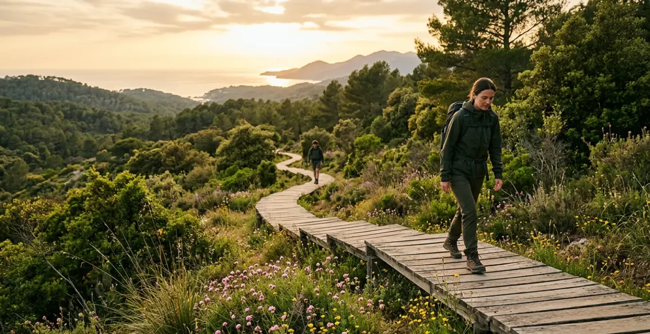 Escursionisti su sentiero naturale con zaino che osservano flora mediterranea rispettando distanze di sicurezza