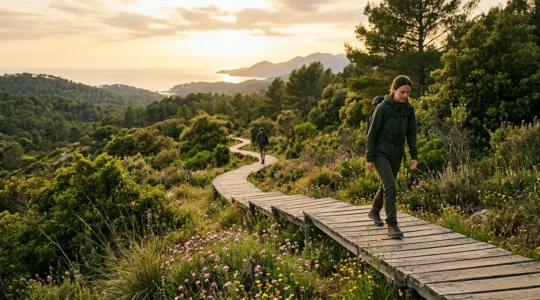 Escursionisti su sentiero naturale con zaino che osservano flora mediterranea rispettando distanze di sicurezza