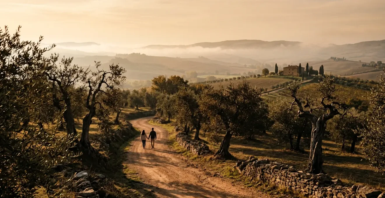 Coppia che passeggia tra ulivi secolari durante il tramonto autunnale in un paesaggio collinare italiano