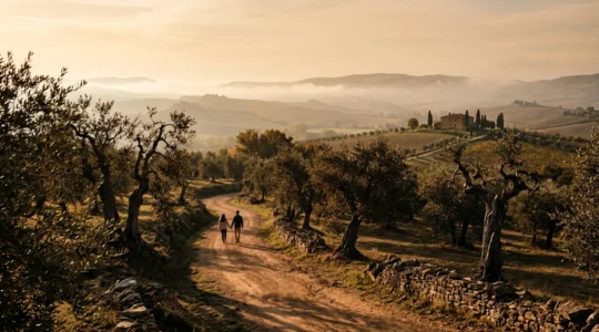 Coppia che passeggia tra ulivi secolari durante il tramonto autunnale in un paesaggio collinare italiano