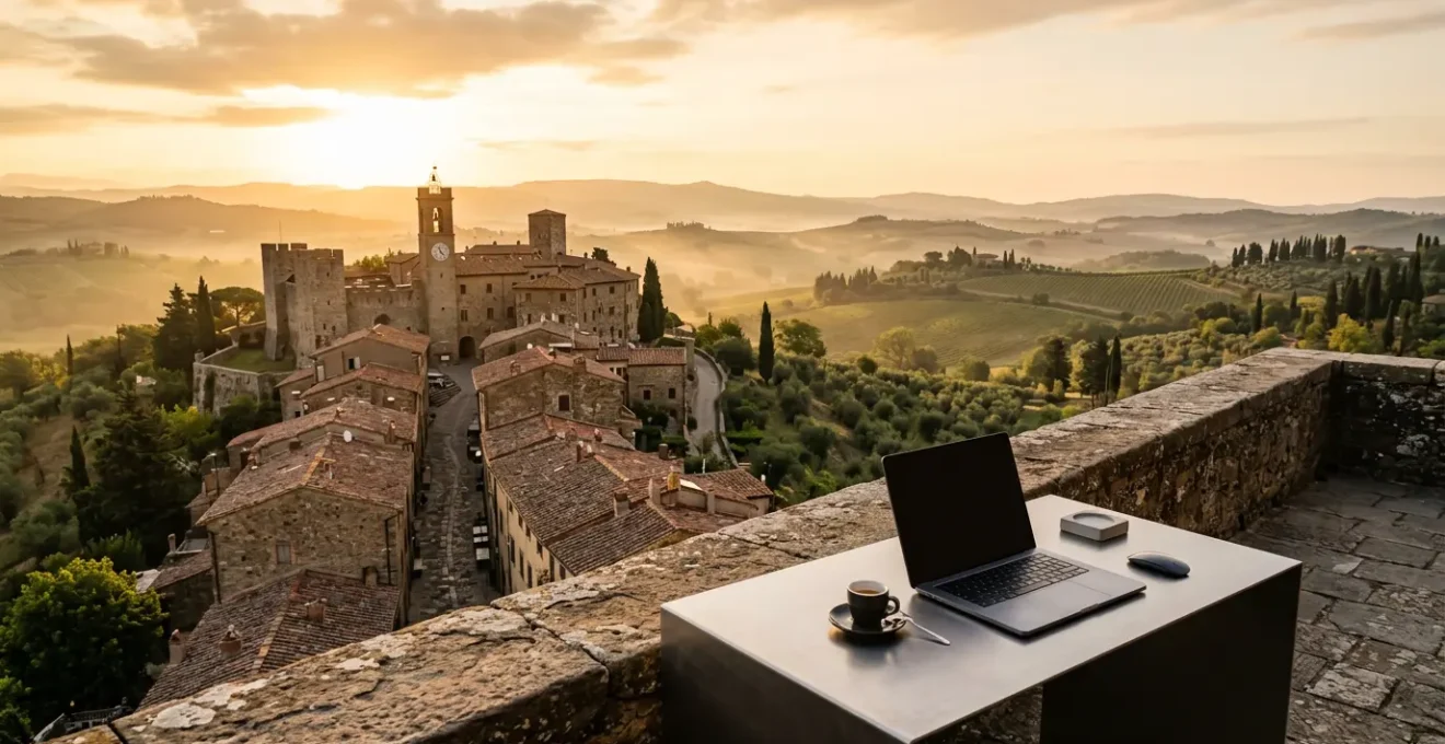 Vista panoramica di un borgo medievale italiano con torre in pietra e tecnologia integrata