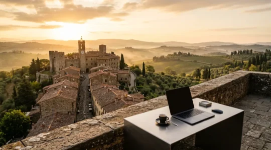 Vista panoramica di un borgo medievale italiano con torre in pietra e tecnologia integrata