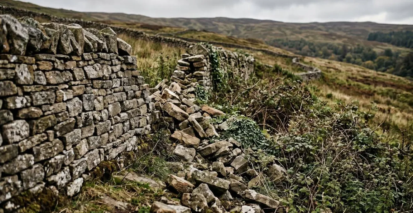 Vista laterale di un muretto a secco parzialmente crollato con vegetazione che invade le pietre