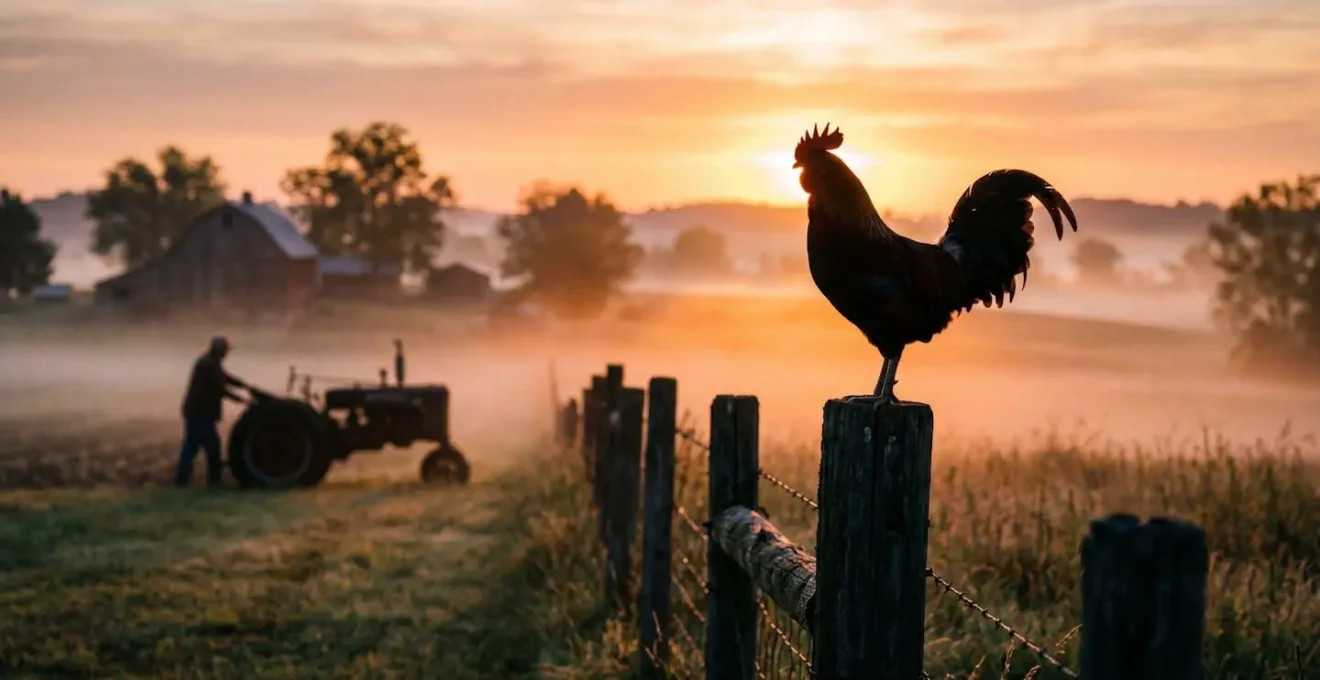 Alba in un agriturismo con gallo sul recinto e trattore nei campi