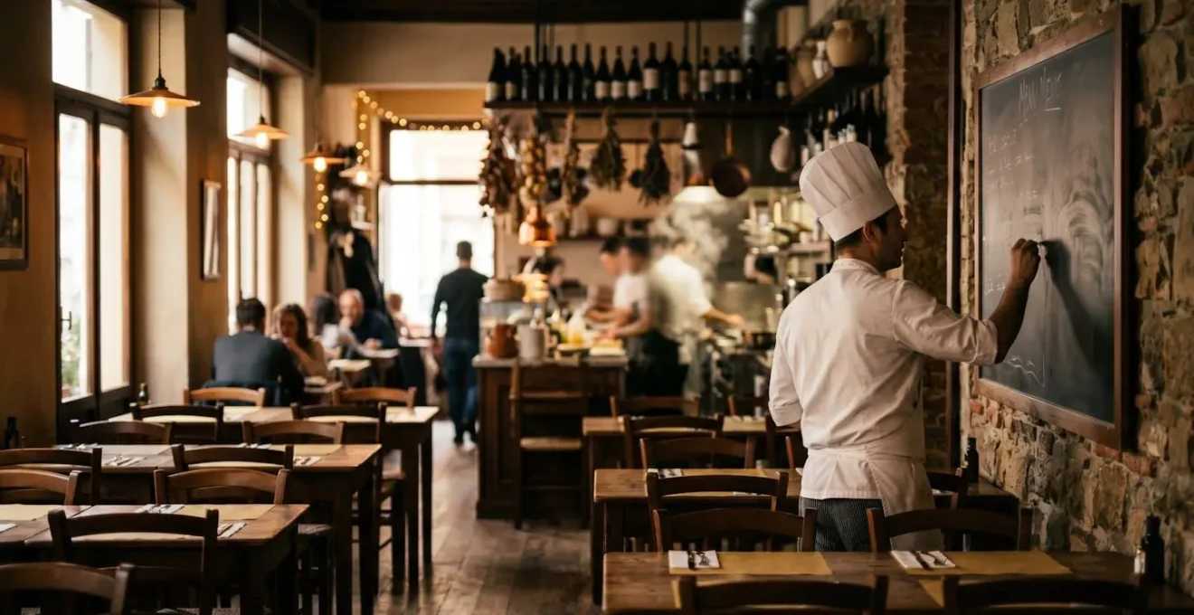 Interno di ristorante rustico con menu stagionale scritto su una lavagna