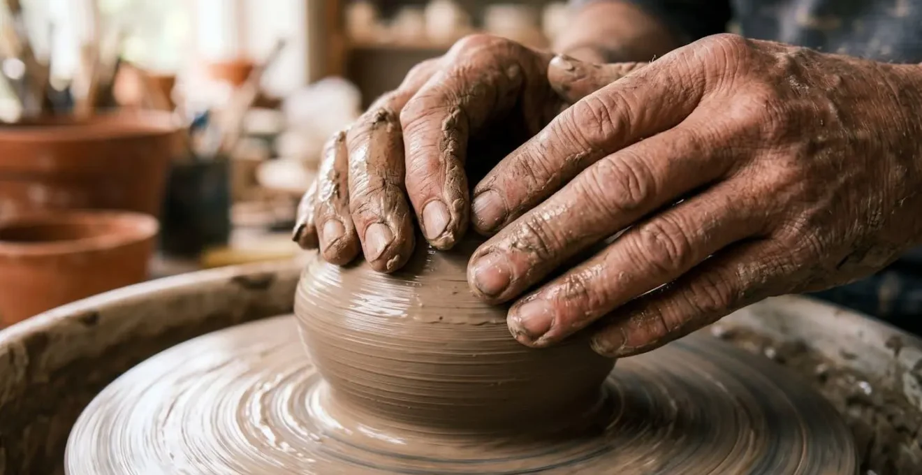 Mani che modellano l'argilla su un tornio da ceramica in un laboratorio tradizionale
