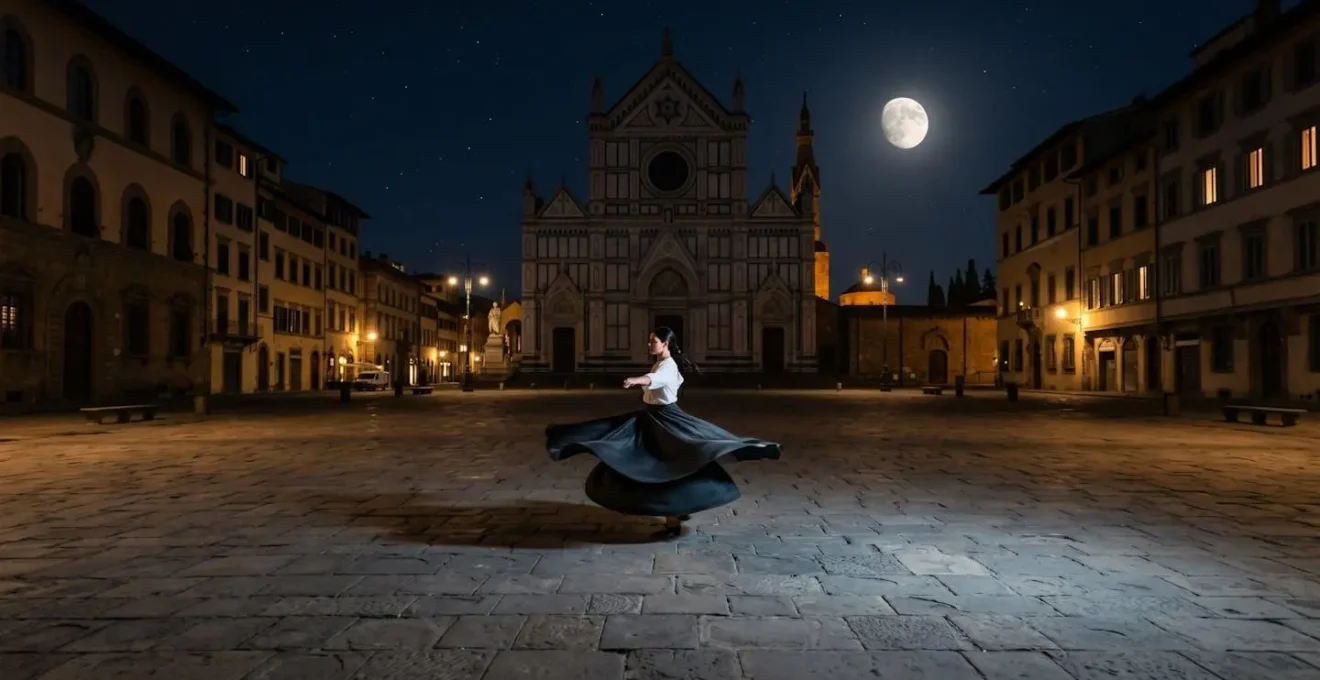Ballerina in gonna tradizionale ampia durante un giro di pizzica in una piazza illuminata di notte
