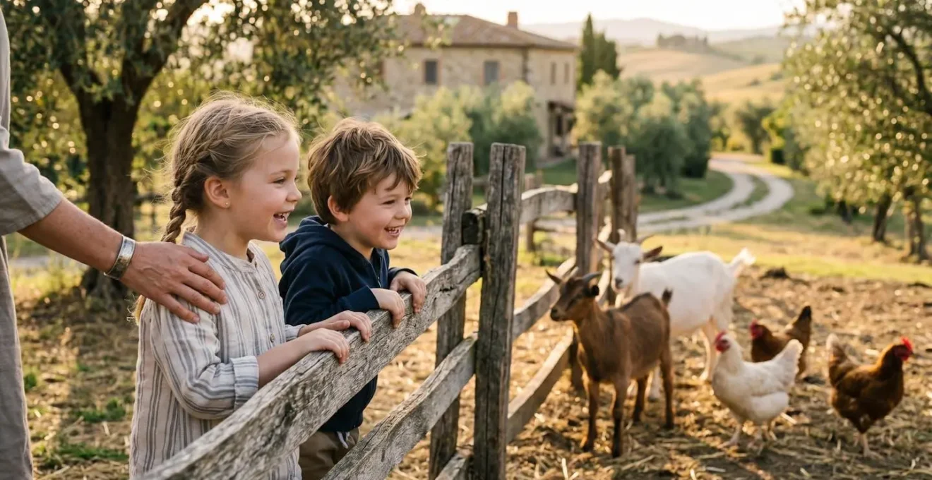 Bambini che osservano animali da fattoria da distanza sicura in un agriturismo
