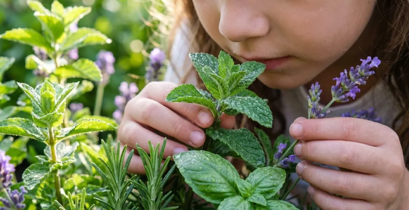 Bambini bendati esplorano con l'olfatto un giardino di erbe aromatiche in fattoria