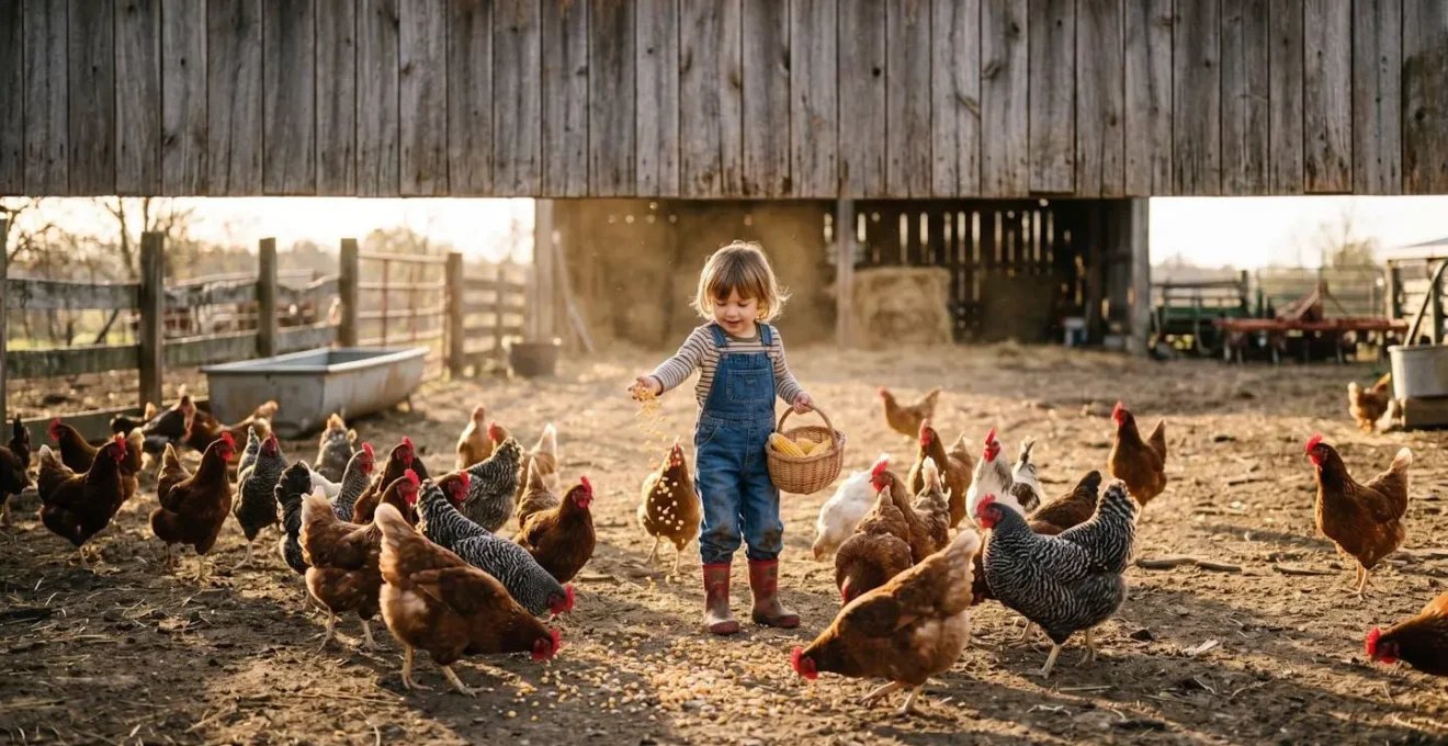 Un bambino distribuisce mais dorato alle galline nel cortile soleggiato della fattoria