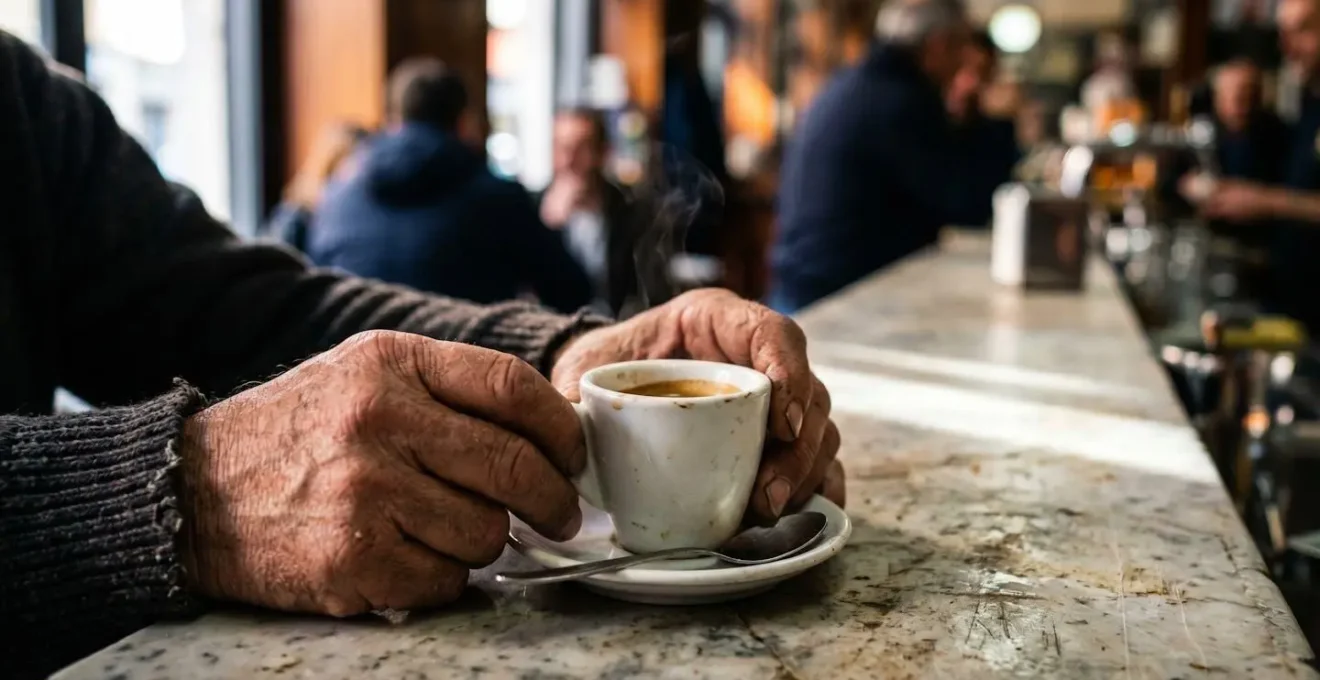 Dettaglio di mani anziane che tengono una tazzina di caffè su un bancone di marmo in un bar di paese, a simboleggiare la saggezza e le storie custodite dalla comunità locale.