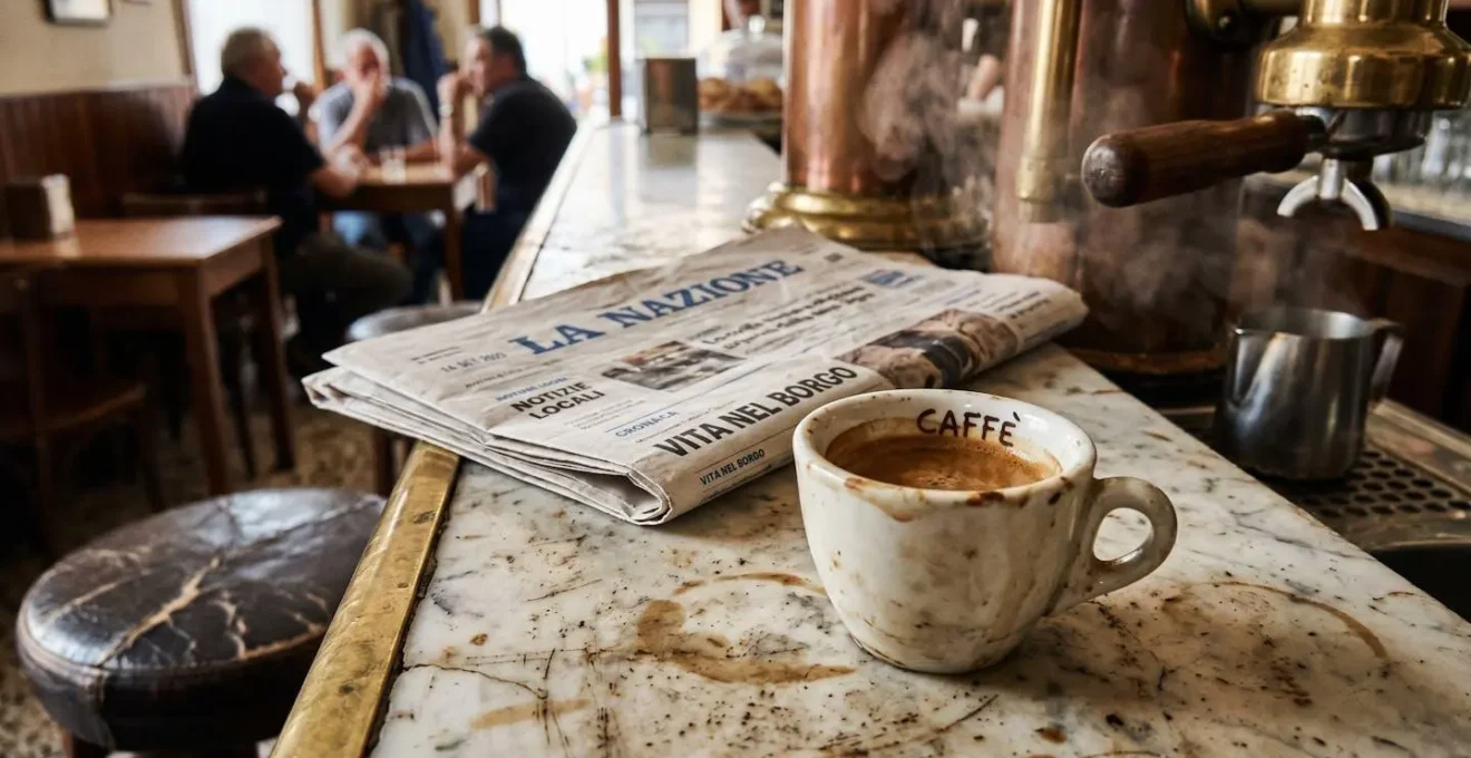 Interior di un bar di paese italiano con vita quotidiana autentica