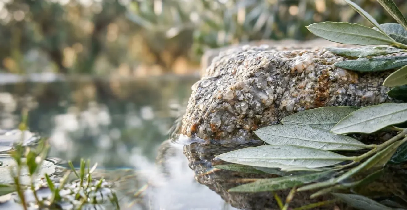 Bio-piscina a sfioro integrata tra ulivi secolari con rivestimento in pietra locale