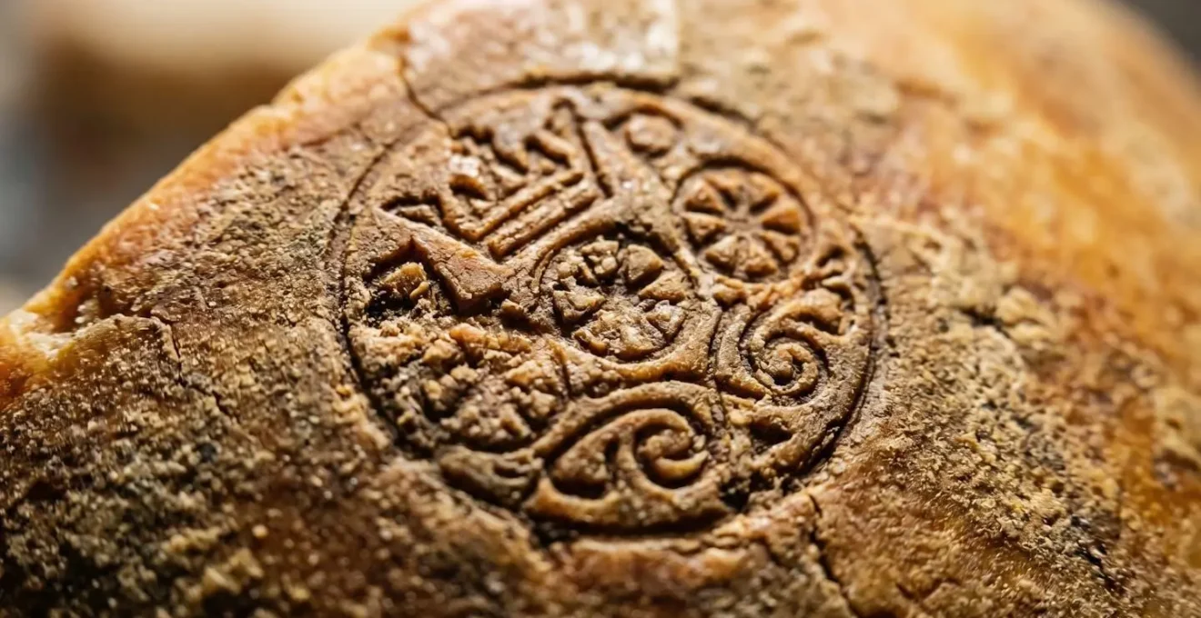 Dettaglio ravvicinato di un bollino DOP su forma di Parmigiano Reggiano