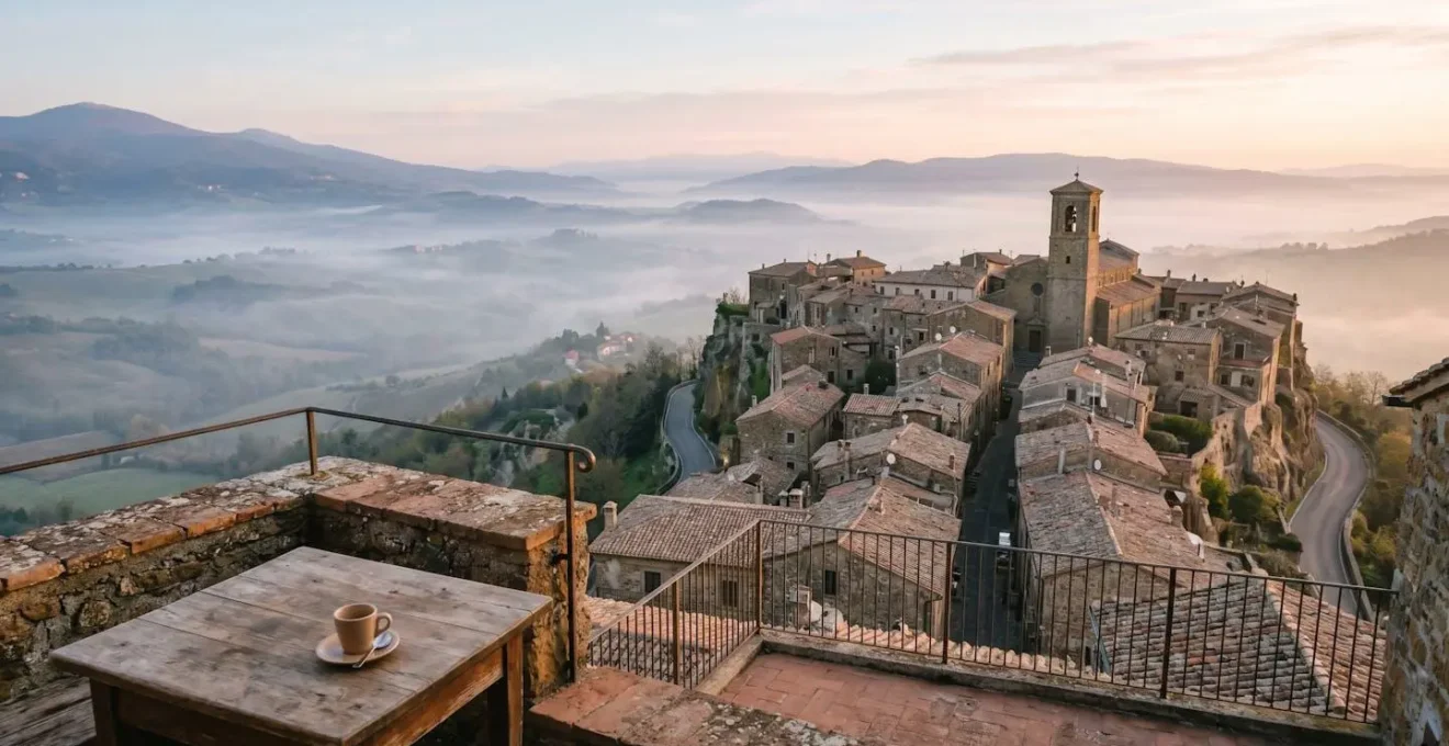 Vista panoramica di un borgo collinare italiano all'alba, con una tazzina di caffè su un tavolo in primo piano, che evoca la pace di una permanenza prolungata.
